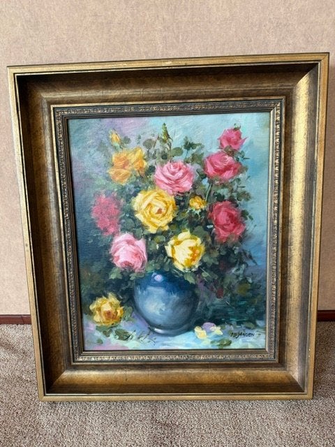 Schilderij met rozen in vaas - gesigneerd, Bloemen, Doek, Realistisch, Ophalen of Verzenden
