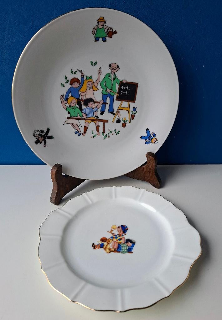 Retro kinderbordjes met gouden randje/oa Seltmann Bavaria, Gebruikt, Ophalen of Verzenden, Bord(en), Overige stijlen