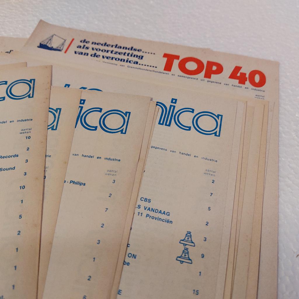 Top 40 velletjes Radio Veronica 1974 - 38 stuks, Verzamelen, Verzenden, Gebruikt, Boek, Tijdschrift of Artikel