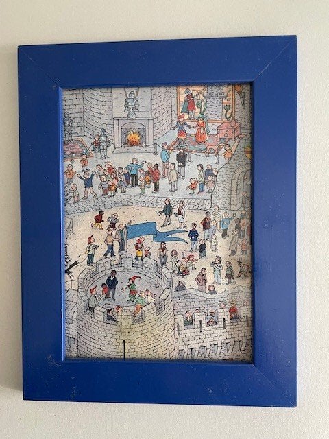 Ingelijste kinder afbeelding burcht kasteel / Middeleeuwen., Ophalen, Zo goed als nieuw, Wanddecoratie, Blauw