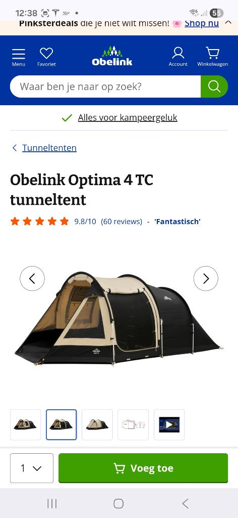 Tent optima van Obelink 4 persoons techn katoen, Ophalen, Nieuw, Tot en met 4