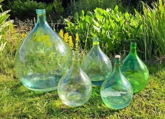 Set van 5 antieke glazen flessen/Dame Jeanne, Ophalen