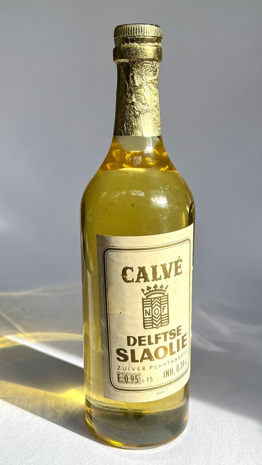 Vintage Volle NOF Calvé Delftse Slaolie Fles - 0.39L, Ophalen of Verzenden, Zo goed als nieuw, Verpakking