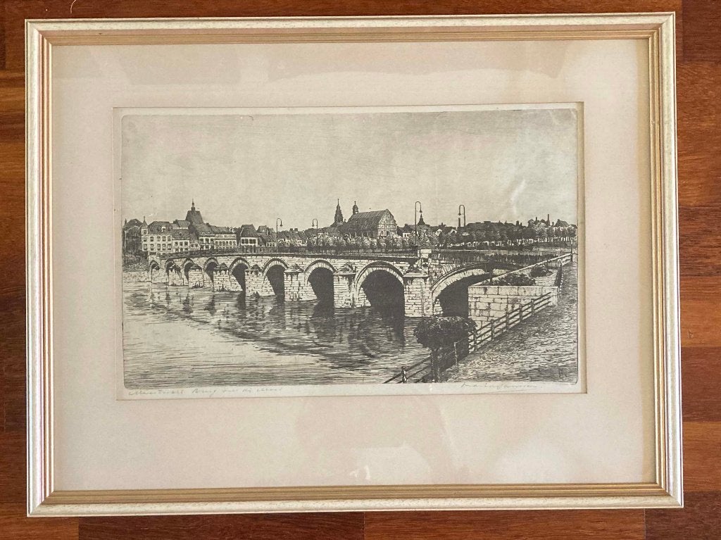 Ets Maastricht Brug over de Maas van Marius Janssen 25x40 cm, Antiek en Kunst, Ophalen