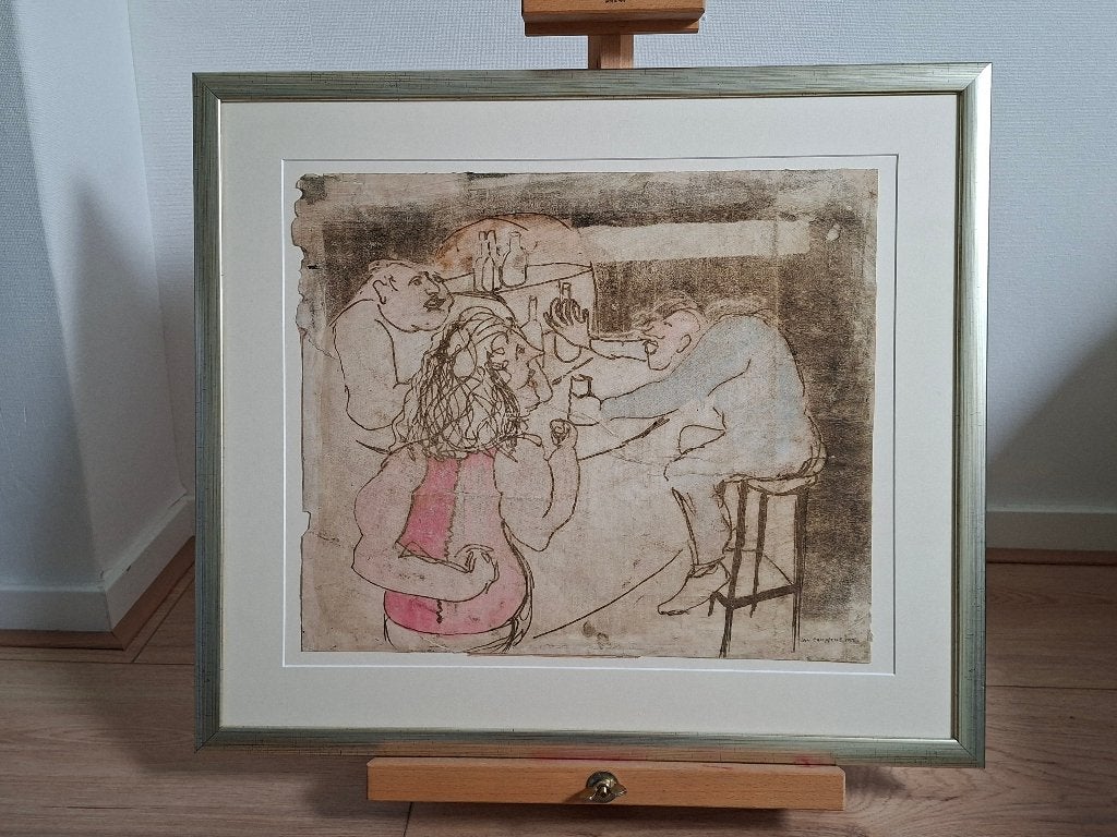Jan Campfens origineel werk, mooi kroegbeeld, Antiek en Kunst, Kunst | Etsen en Gravures, Ophalen, Dagelijks leven, Overige technieken