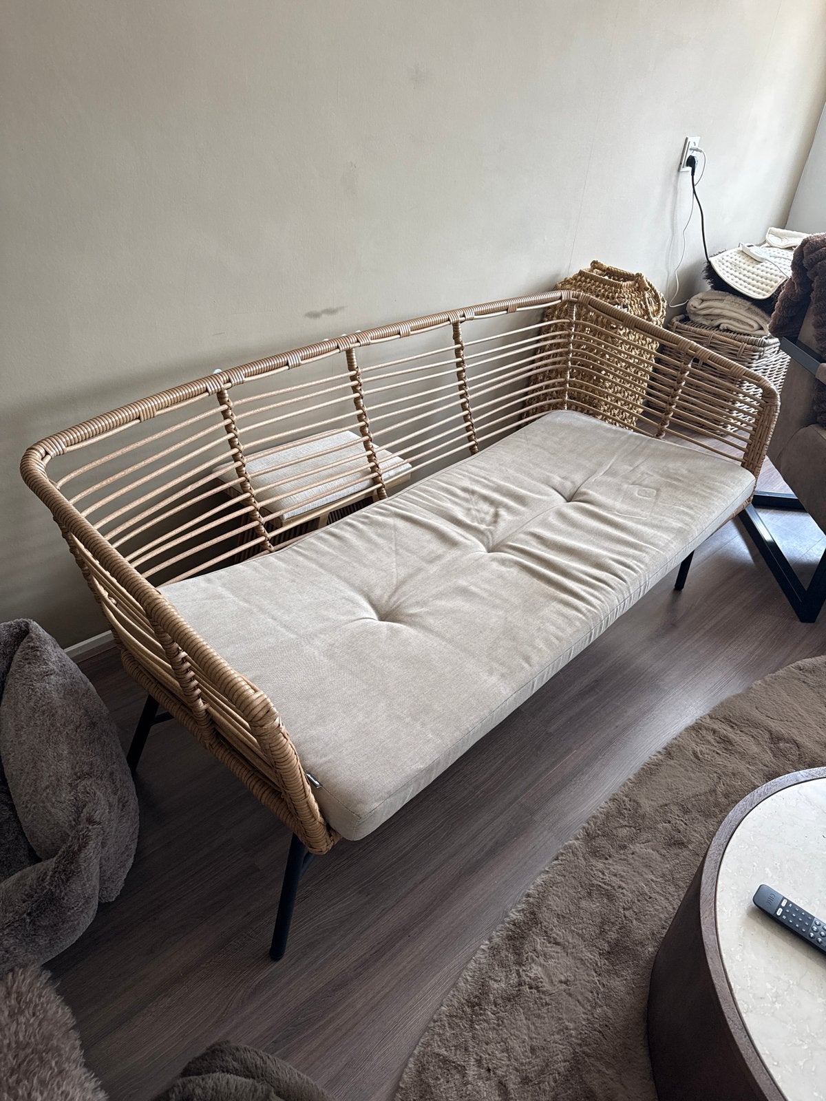 Rotan tuinbankje met kussen, Ophalen, Gebruikt, 150 tot 200 cm, Tweepersoons