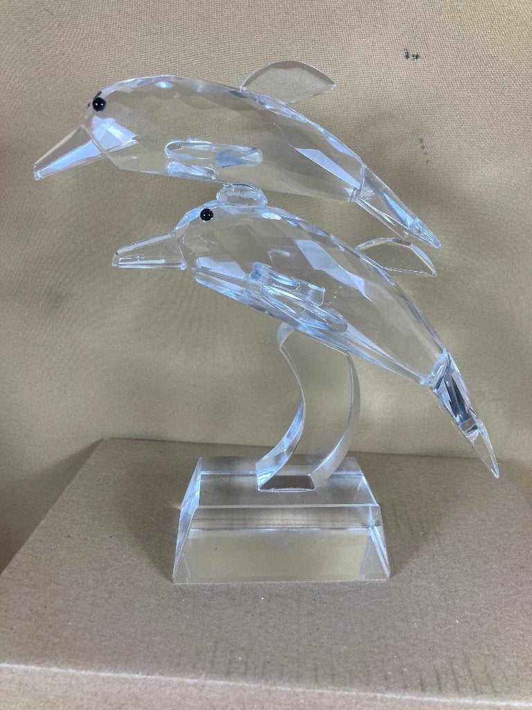 Groot kristallen beeld van twee dolfijnen, Glas, Ophalen of Verzenden, 20 - 50 cm, Zeeleven