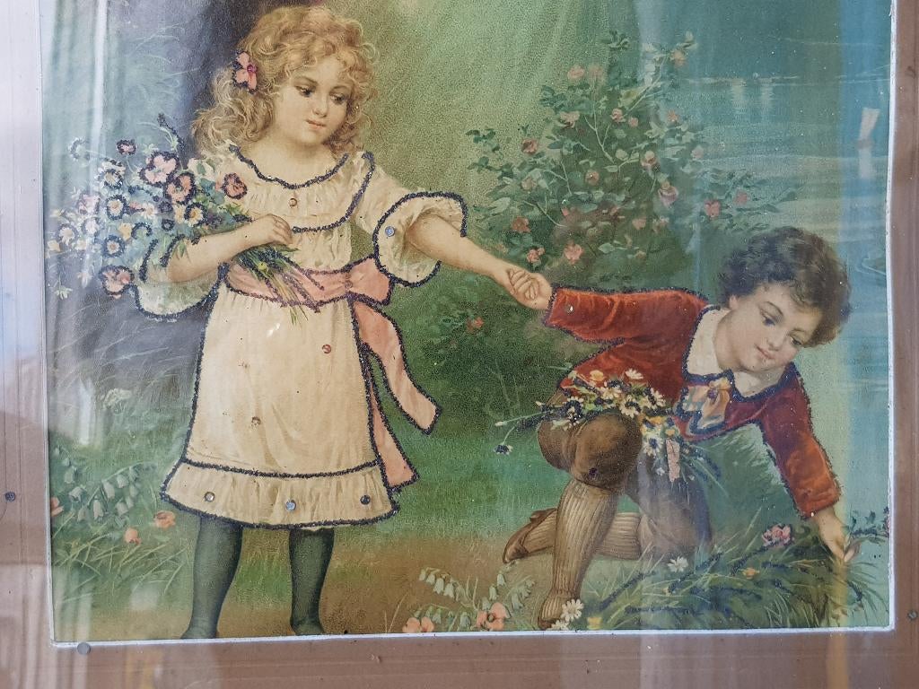 Antieke Engelse ingelijste prent met engel en kinderen., Ophalen of Verzenden