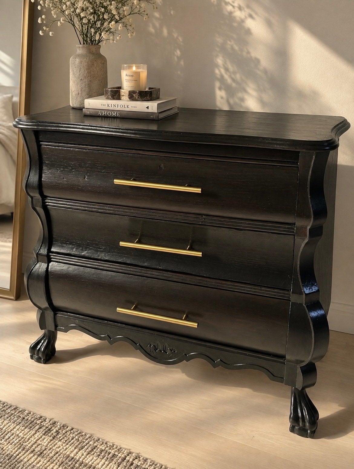 Vintage ladekast zwart met gouden handgrepen, Ophalen, Vintage, 50 tot 100 cm, 3 of 4 laden