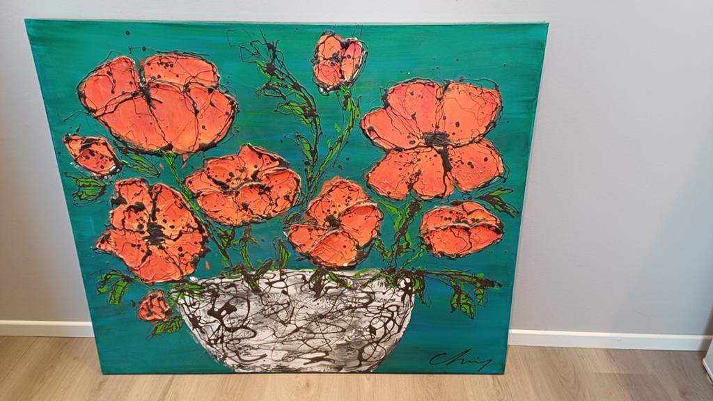 Modern schilderij met klaprozen – groot formaat, Antiek en Kunst, Kunst | Schilderijen | Abstract, Ophalen of Verzenden