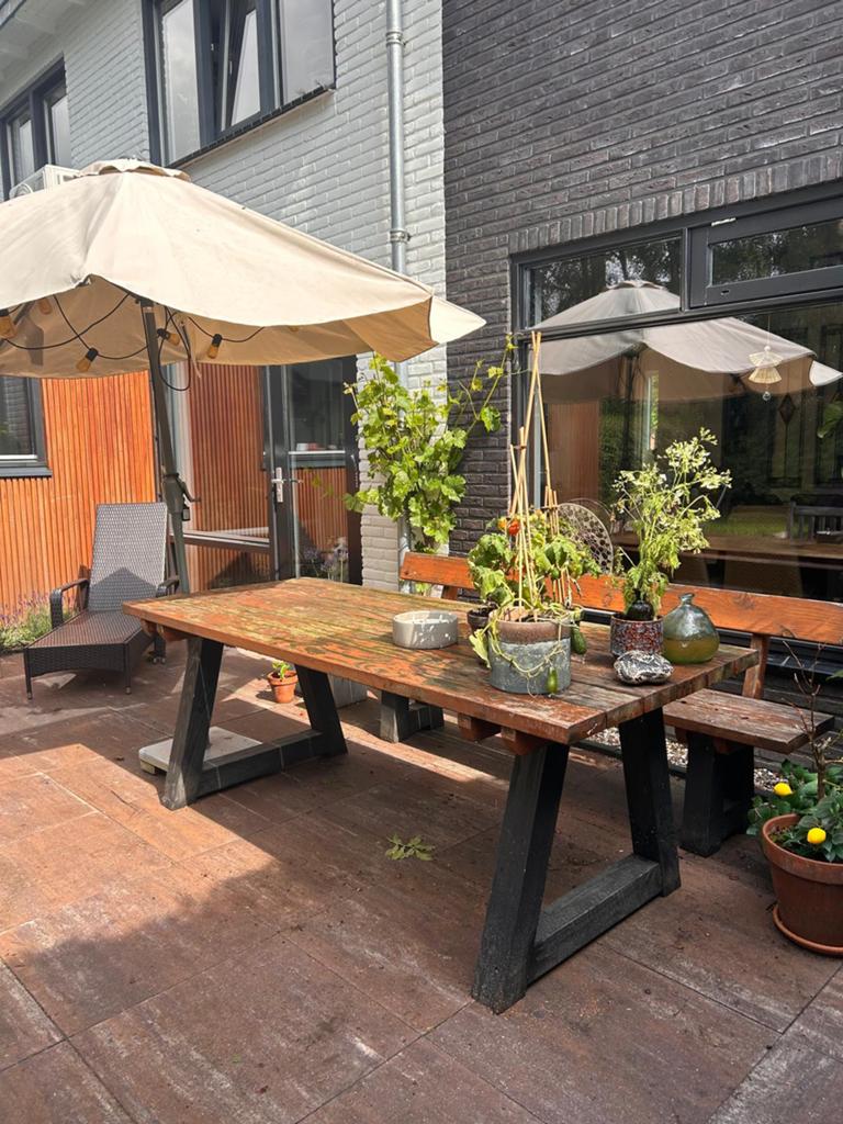 Houten Tuintafel met bank, Tuin en Terras, Tuintafels, Ophalen, Gebruikt, Rechthoekig, Hout
