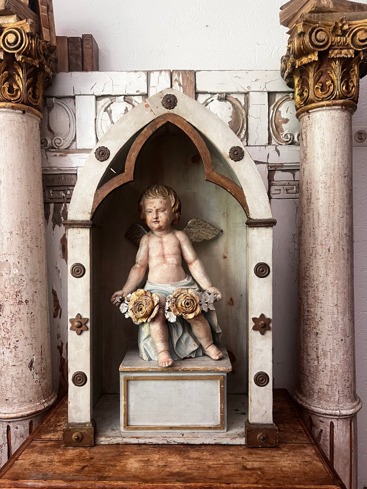 Antiek kapel kappeletje hout tabernakel putti engel madonna, Ophalen of Verzenden