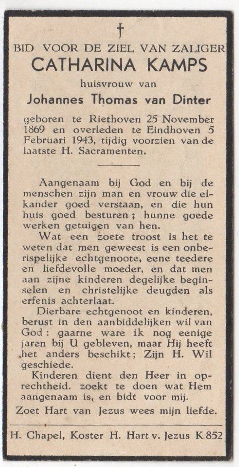 Catharina Kamps 1869 Riethoven + 1943 Eindhoven, 73 jaar, Verzenden
