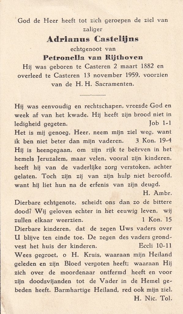 Castelijns Adrianus 1882 Casteren 1959, Ophalen of Verzenden, Bidprentje