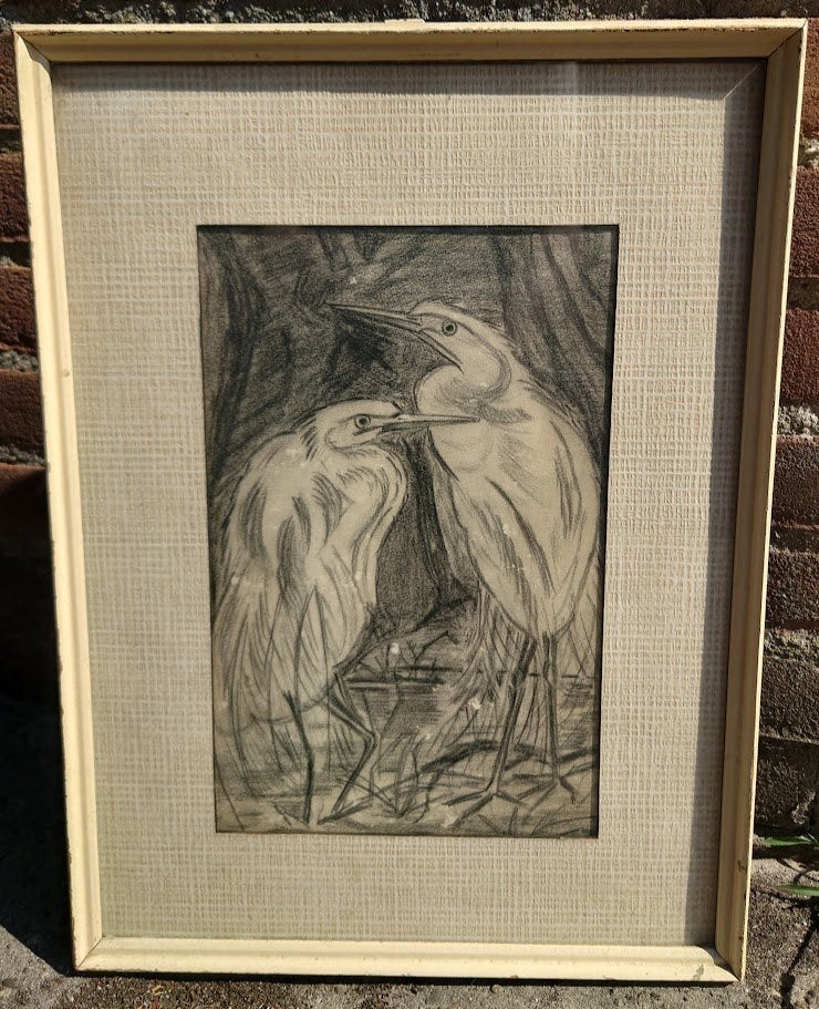 Tini van Doornik (1906-1980)? Twee vogels, houtkool tekening, Antiek en Kunst, Kunst | Schilderijen | Klassiek, Ophalen of Verzenden