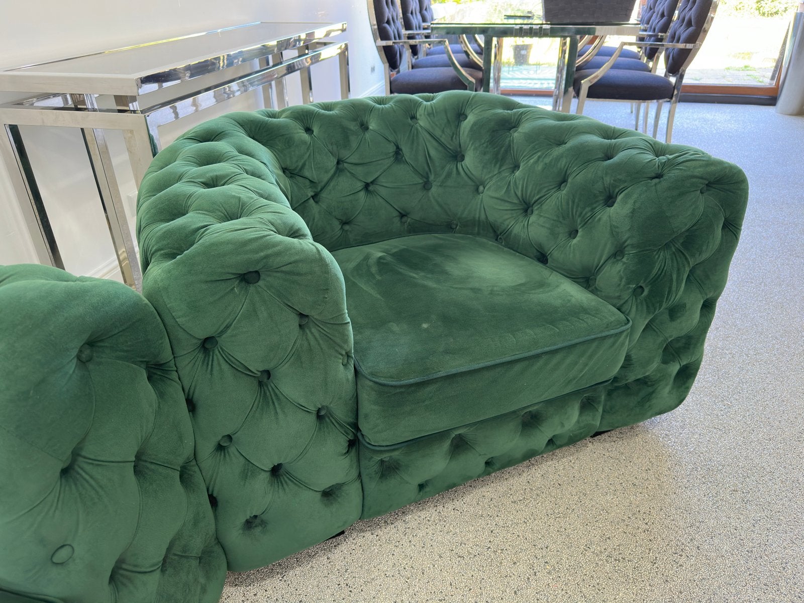 Chesterfield bankstel donkergroen fluweel + fauteuil, Huis en Inrichting, Banken | Voetenbanken en Poefen, Ophalen, Gebruikt, 125 cm of meer