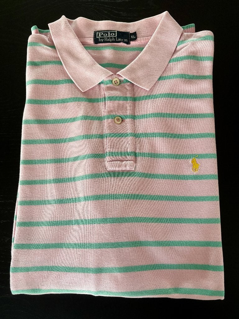 Ralph Lauren herenpolo roze/mint gestreept XL, Maat 56/58 (XL), Ophalen of Verzenden, Polo Ralph Lauren, Roze