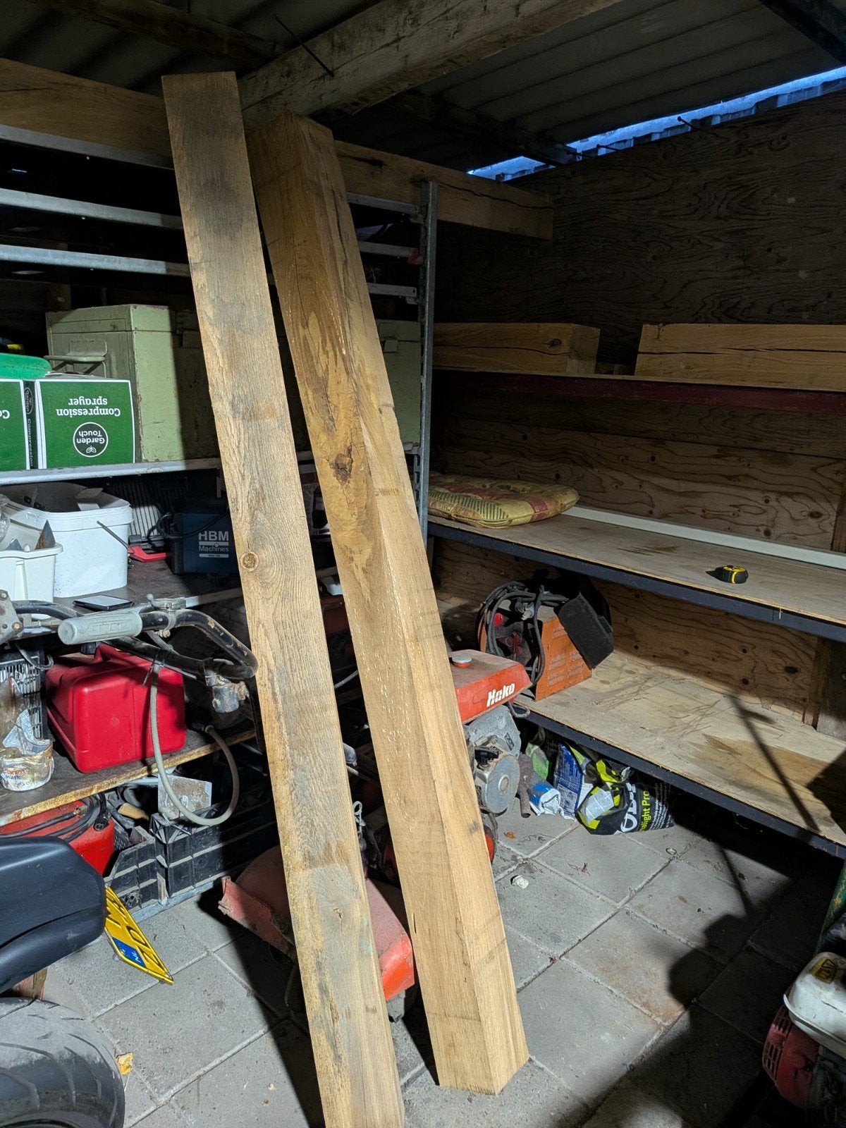 4 stuks Eiken balken, Doe-het-zelf en Verbouw, Ophalen, Gebruikt, Eiken, 200 tot 250 cm