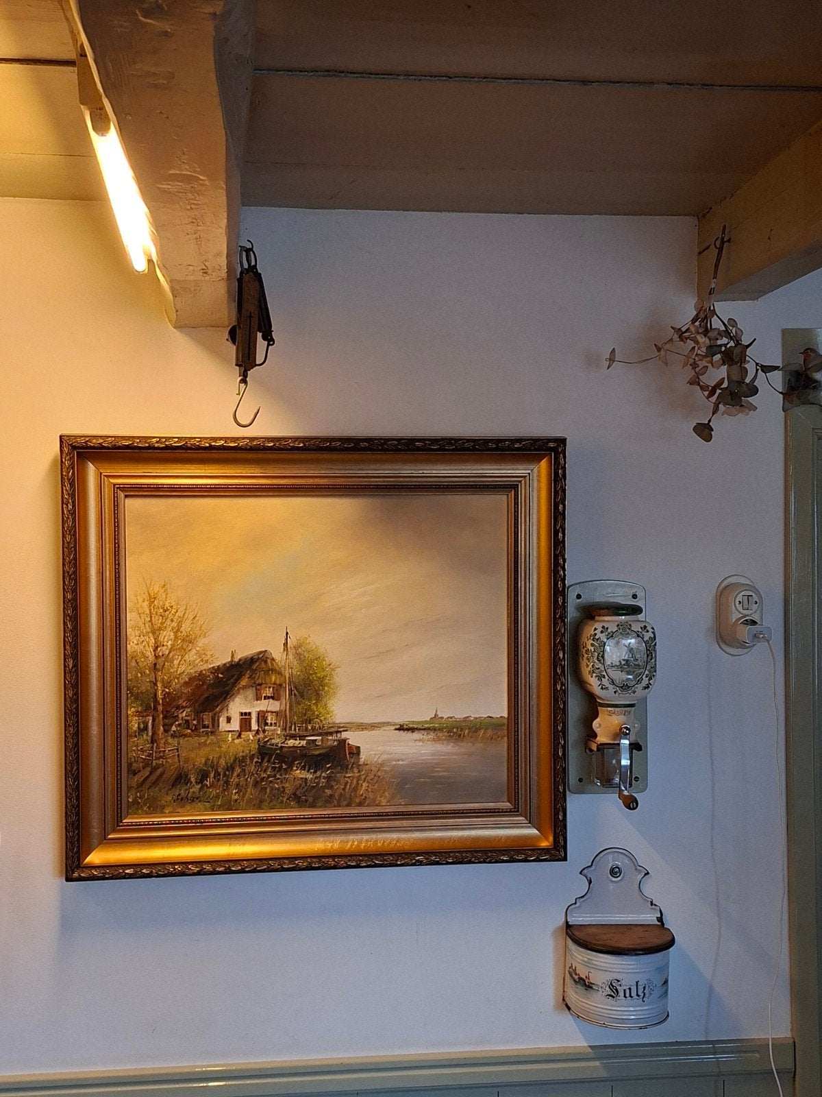 Groot schilderij Siem Schaeffer - Boerderij aan water, Antiek en Kunst, Ophalen, Doek, Realistisch, Bijzondere lijst