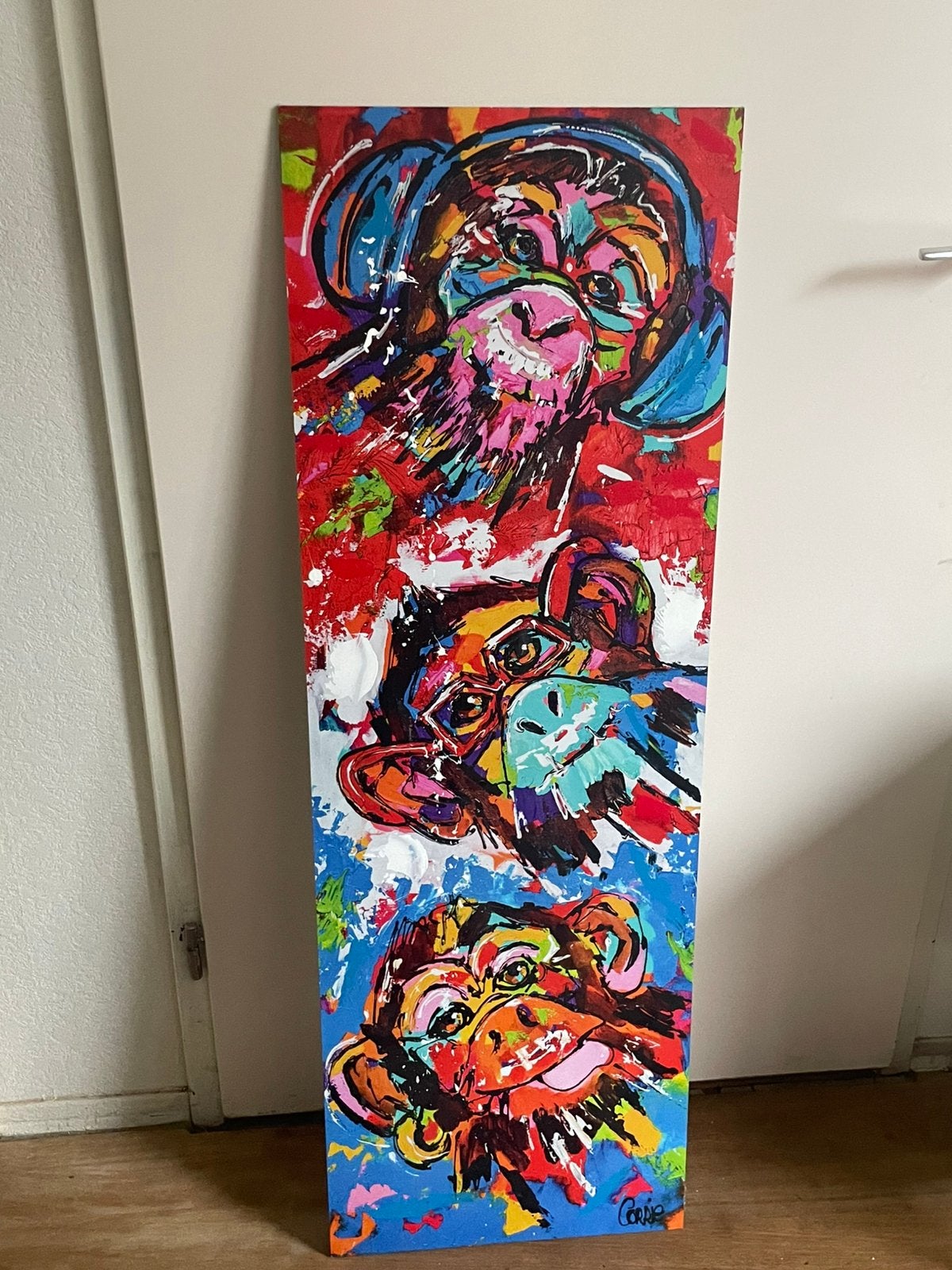 Levendig Apen Schilderij - Corrie Leushuis (Gesigneerd), Antiek en Kunst, Ophalen, Dieren, Echtheidscertificaat, Gemengde techniek