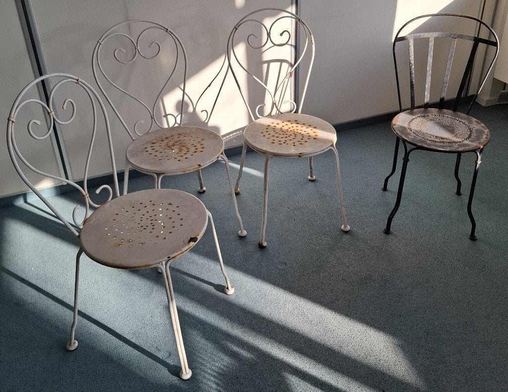 Set vintage metalen bistrostoelen – project / decoratie, Tuin en Terras, Tuinstoelen, Ophalen, Gebruikt, Metaal