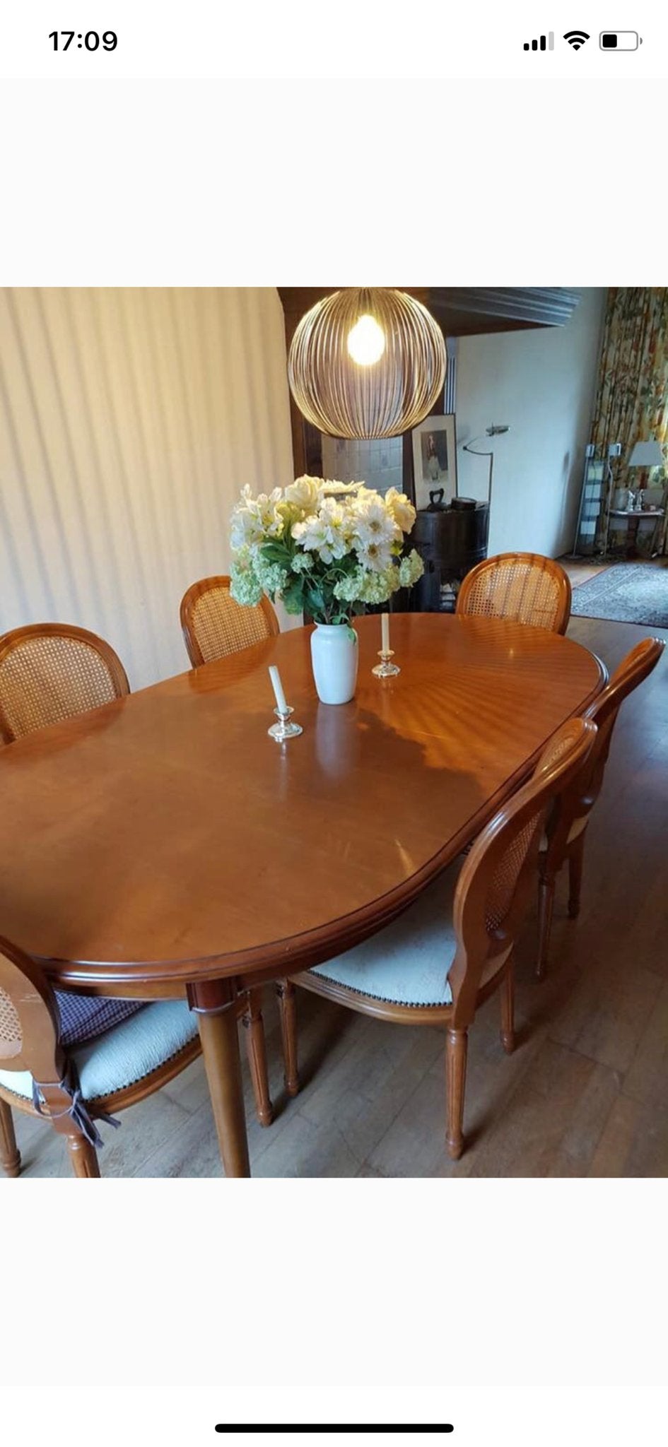 Elegante verstelbare ovale eettafel met 6 stoelen, Huis en Inrichting, Gebruikt, 100 tot 150 cm, Ophalen of Verzenden, Vijf personen of meer
