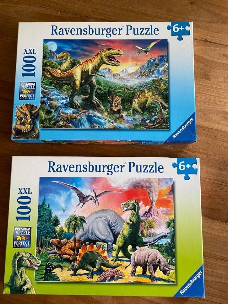 2 ravensburger puzzels : dinosaurussen ( 100 XXL ), Ophalen of Verzenden, Meer dan 50 stukjes, Zo goed als nieuw, 6 jaar of ouder