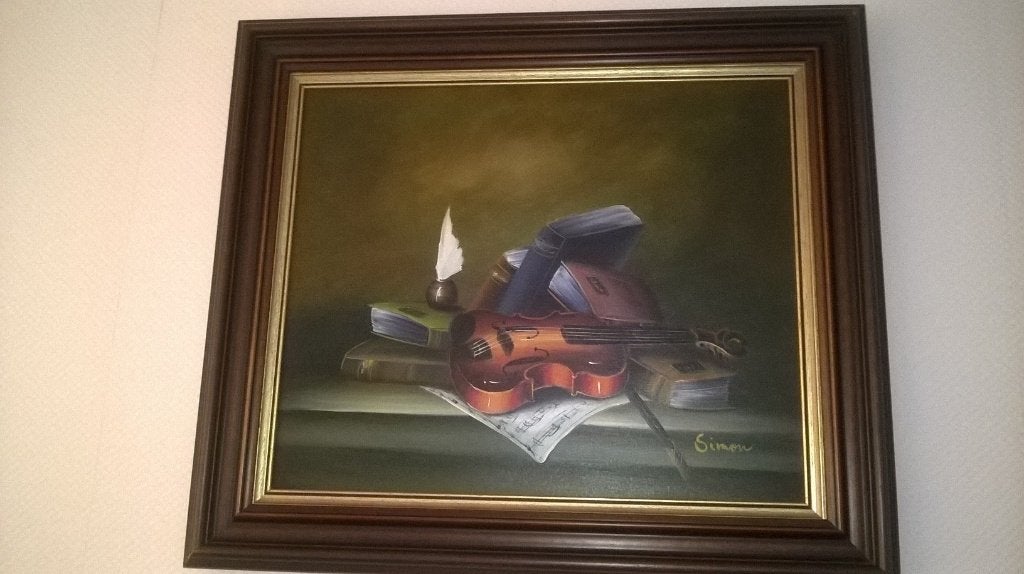 Stilleven met viool en boeken, gesigneerd Simon, Antiek en Kunst, Ophalen, Doek, Stilleven, Olieverf