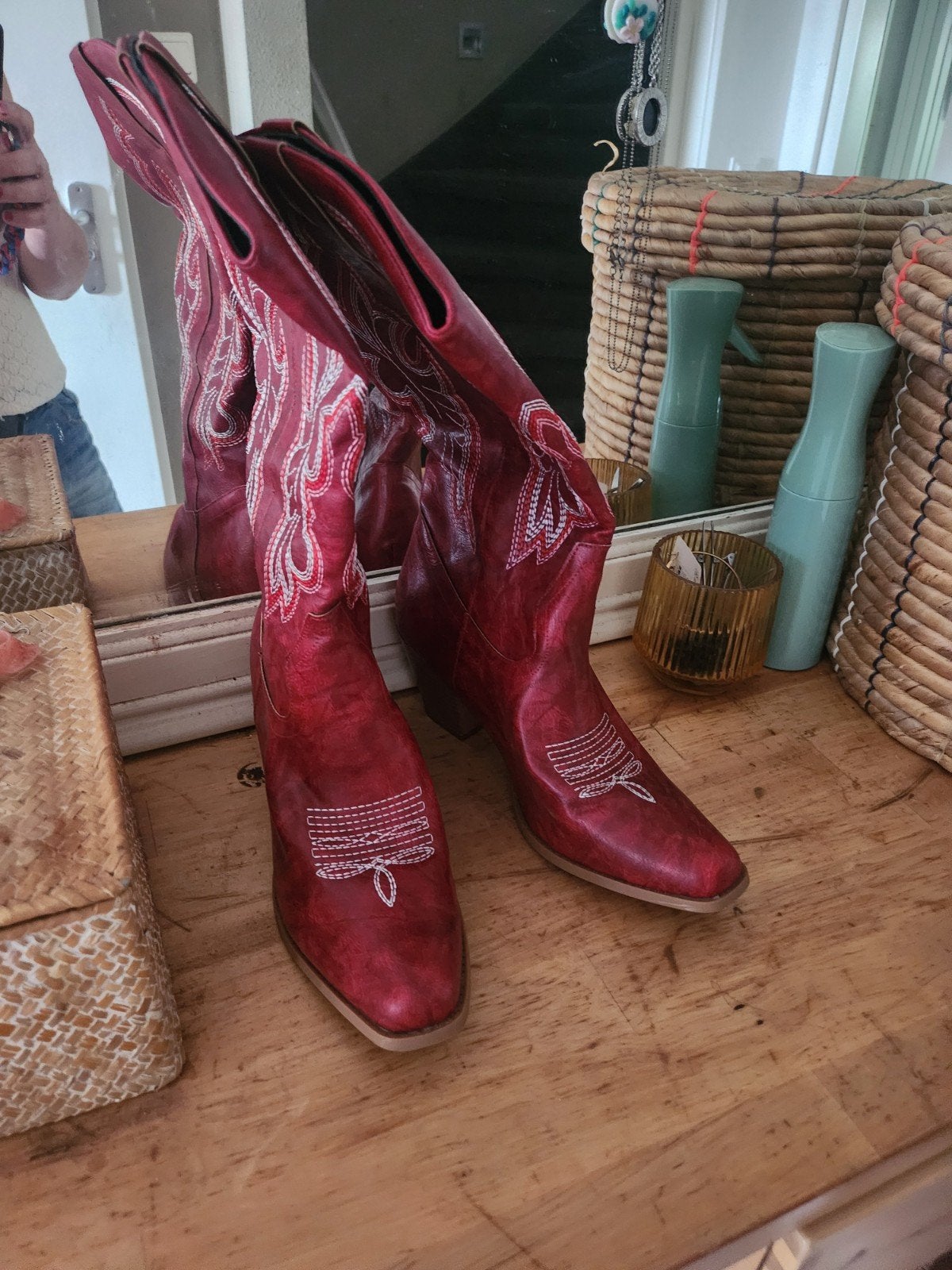 Rode cowboylaarzen met witte stiksels, Hoge laarzen, Ophalen of Verzenden, Rood, Onbekend
