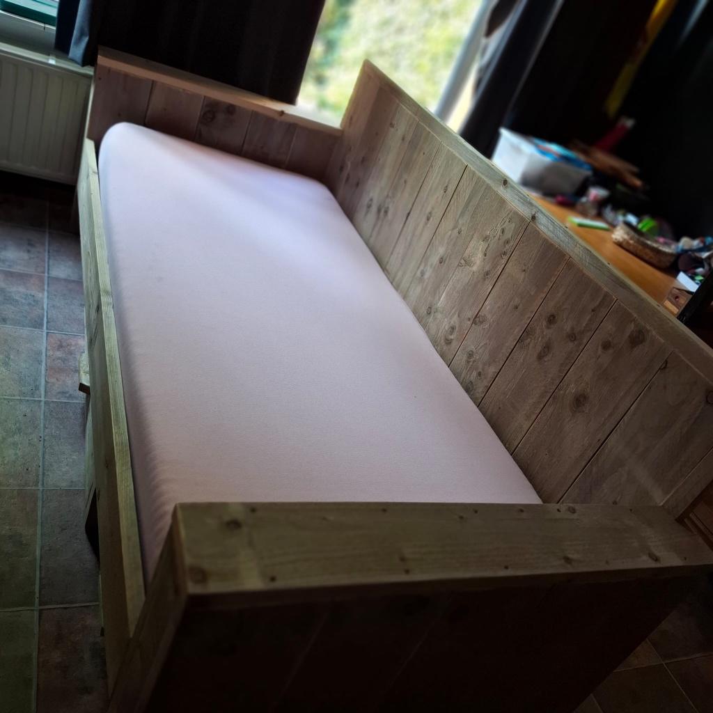 Steigerhouten bedbank met lades - 1 persoon, Ophalen, Gebruikt, 90 cm, Eenpersoons