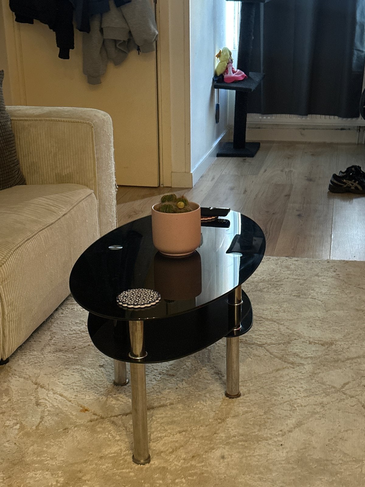 Moderne ovale salontafel met glazen blad, Gebruikt, Glas, Ovaal, 5 – 50