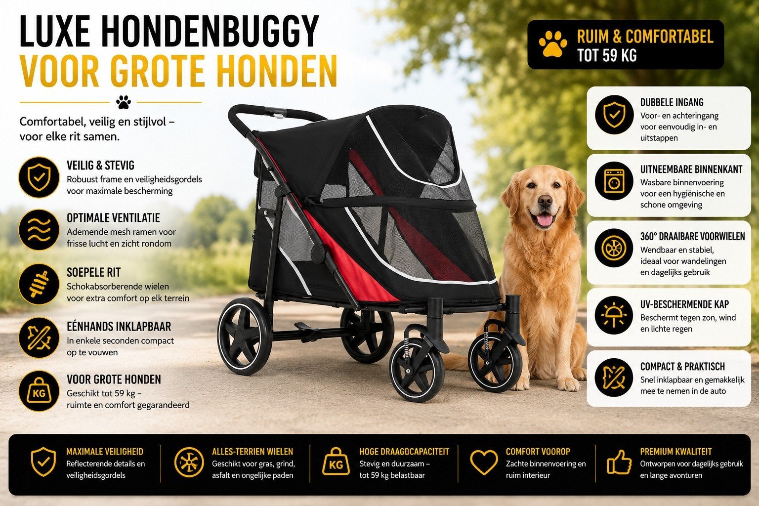 Premium Hondenbuggy Grote Honden – Comfortabel & Opvouwbaar, Dieren en Toebehoren, Honden-accessoires, Verzenden, Nieuw