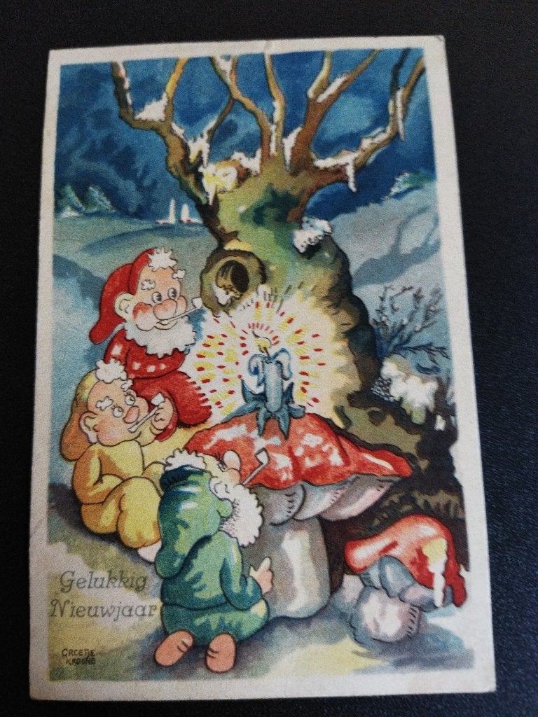 Vintage ansichtkaart Gelukkig Nieuwjaar Greetje Kroone, Verzamelen, Ansichtkaarten | Themakaarten, Ophalen of Verzenden, 1940 tot 1960