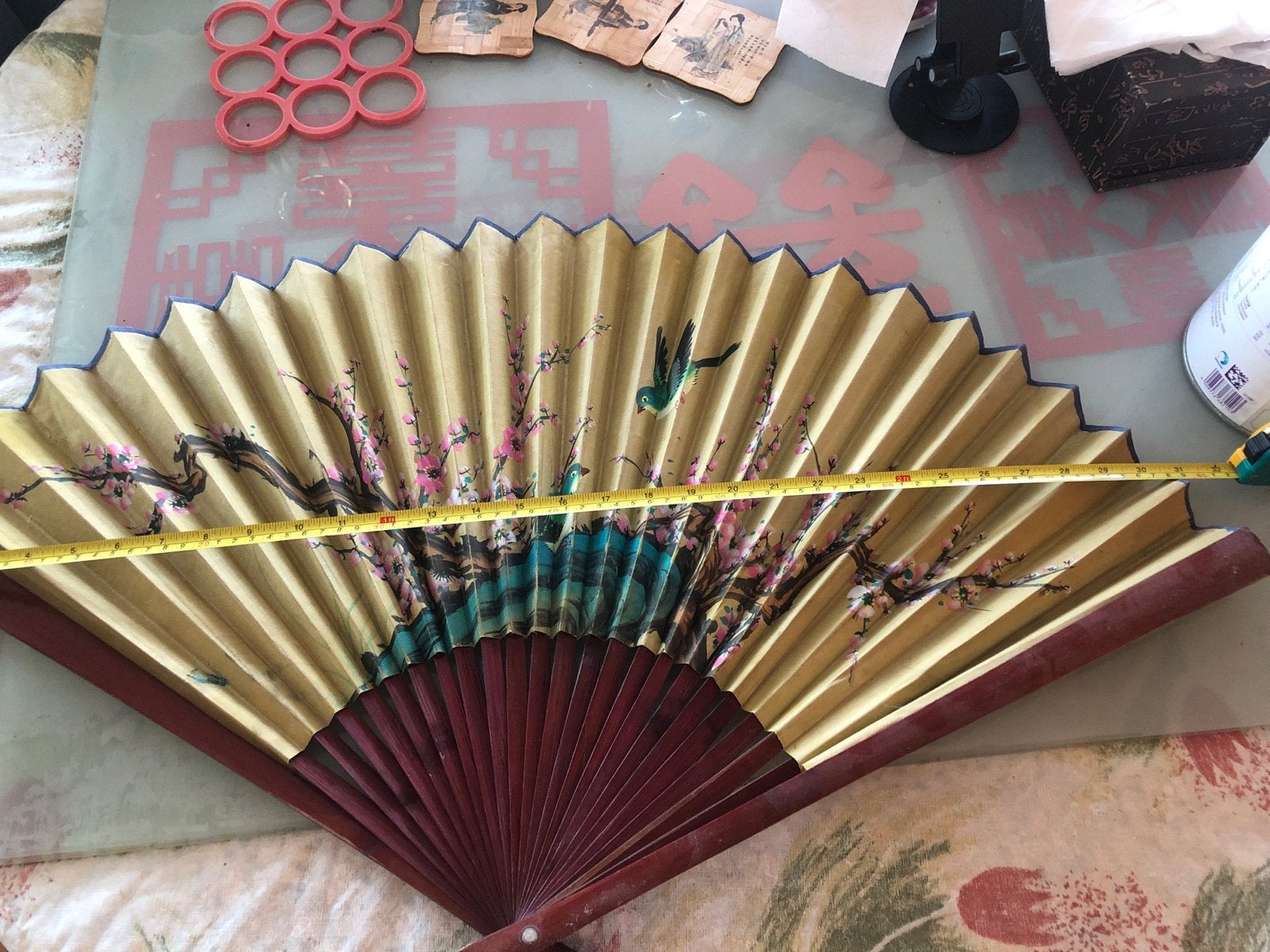 Grote Vintage Chinese Wandventilator met Vogels en Bloesem, Ophalen of Verzenden