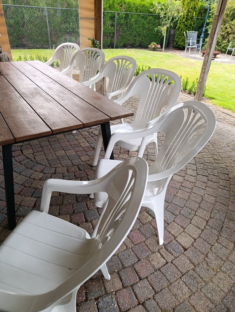 6 witte kunststof tuinstoelen (stapelbaar), Tuin en Terras, Tuinstoelen, Ophalen, Gebruikt, Kunststof, Stapelbaar