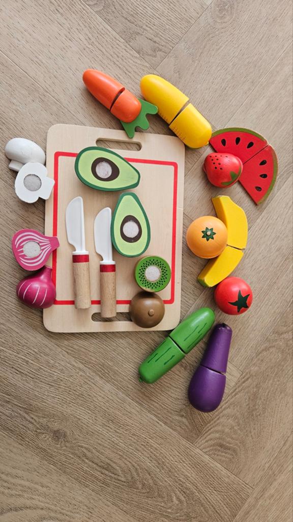 Houten snijset groenten en fruit met snijplank, Ophalen of Verzenden, Gebruikt, Overige typen
