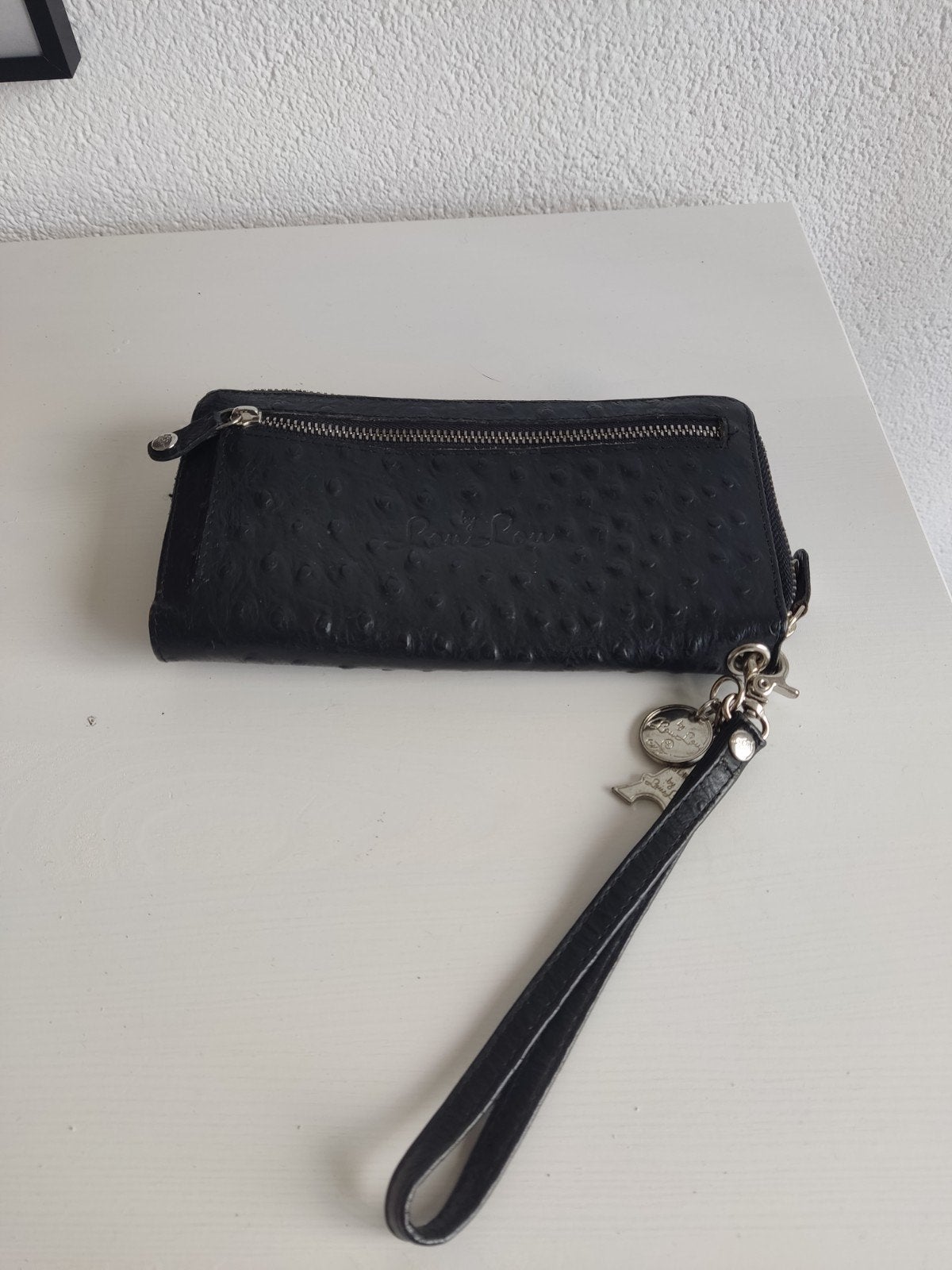 LouLou Portemonnee Zwart Struisvogelprint Leer, Sieraden, Tassen en Uiterlijk, Zwart, Zo goed als nieuw, Leer, Ophalen