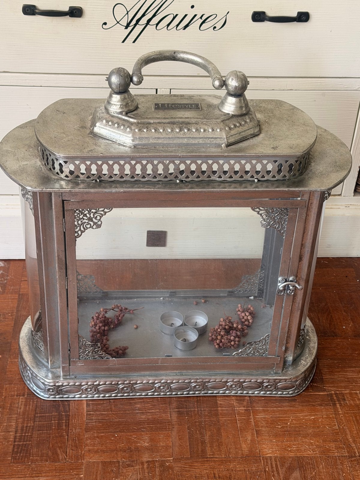 Grote glazen lantaarn voor kaarsen, lifestyle, Ophalen, Vintage, Gebruikt, Metaal