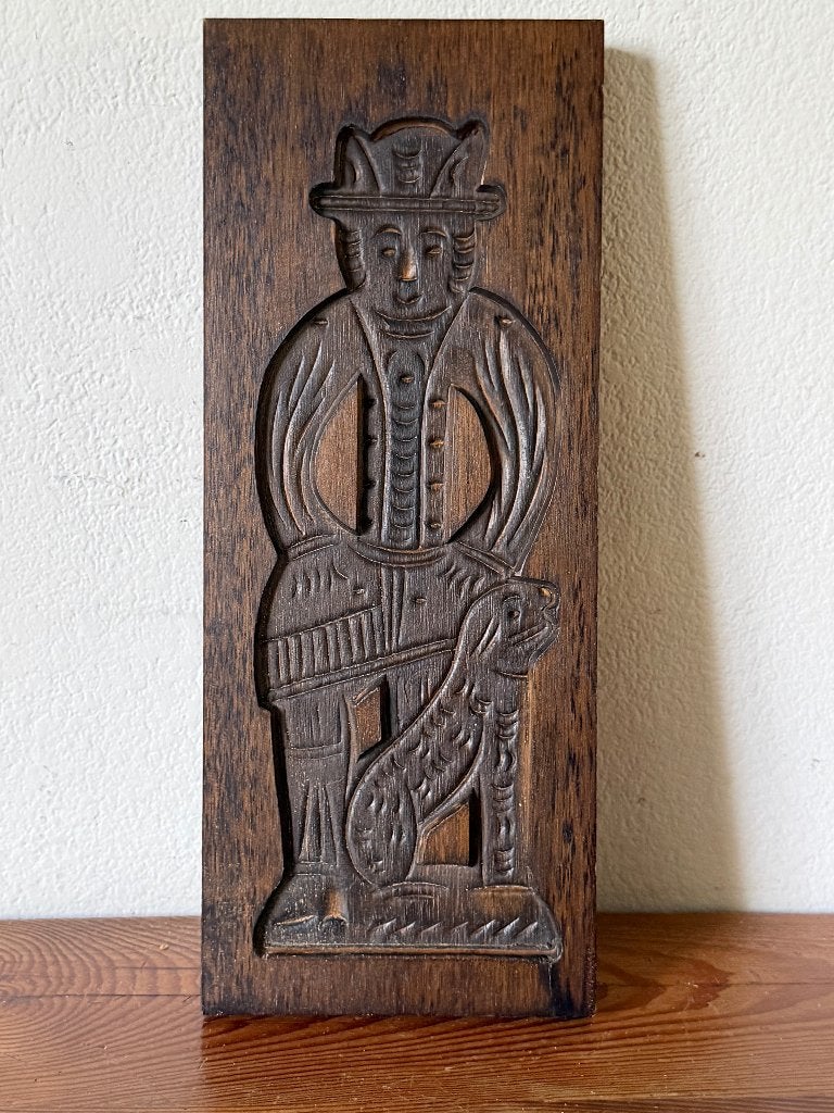 Antieke houten speculaasplank – Man met hond – koekvorm, Ophalen of Verzenden