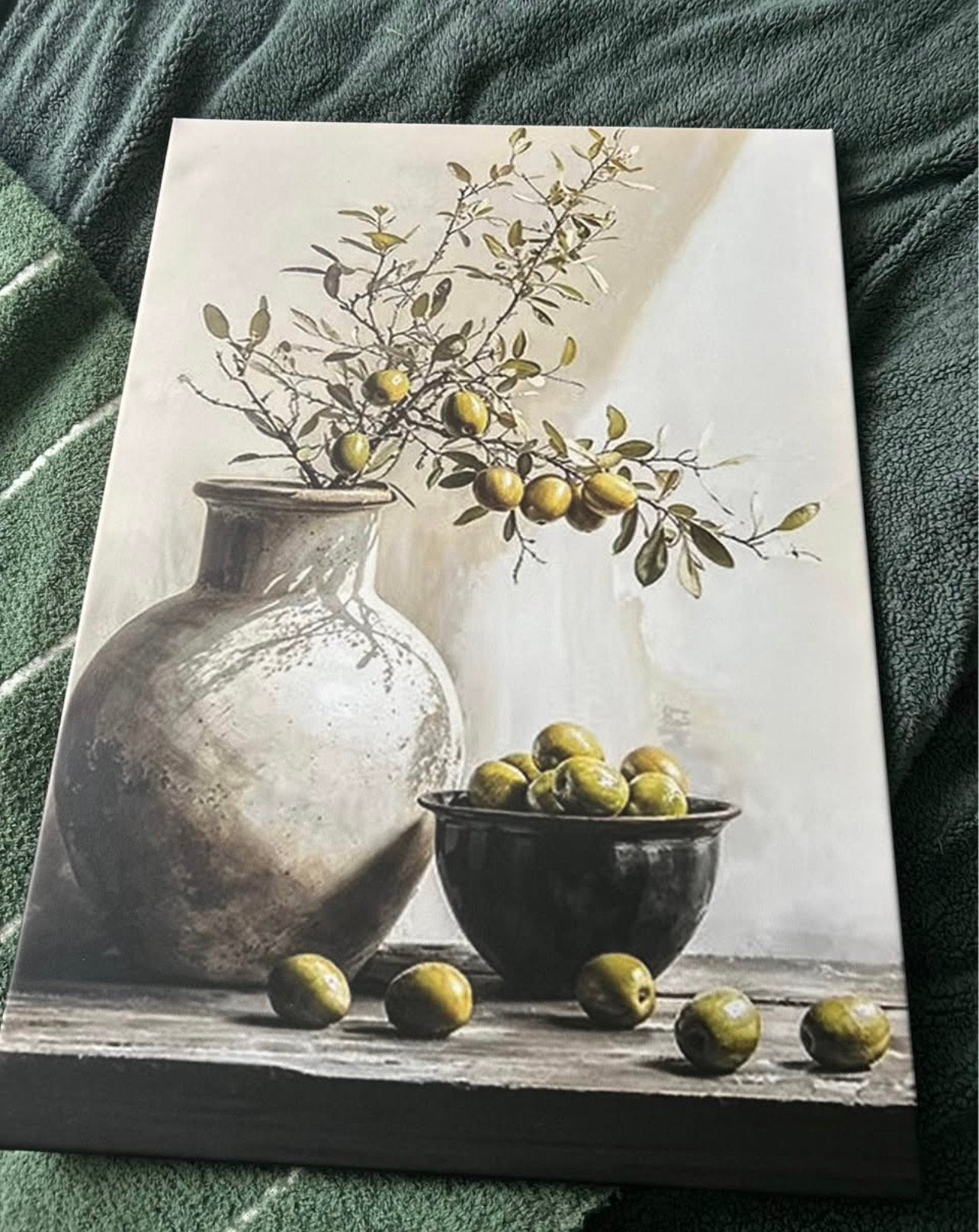 Canvas met olijven 50 bij 70 cm, Ophalen, Zo goed als nieuw, 50 tot 75 cm, Schilderij
