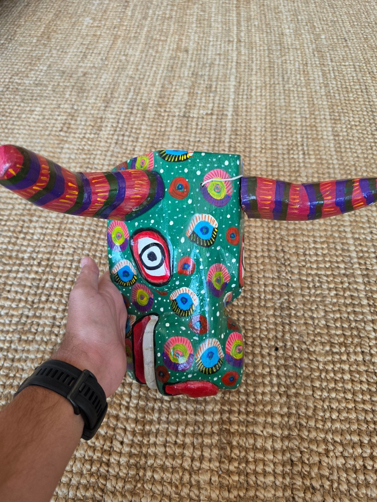 Guatemalteeks houten masker met hoorns - Handgeschilderd, Ophalen of Verzenden