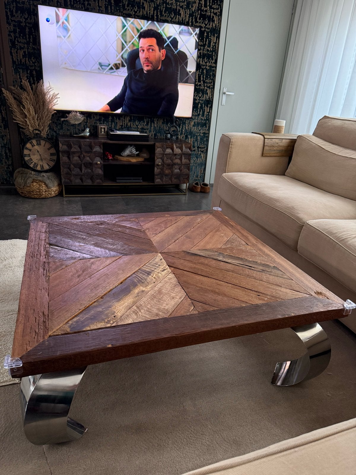Opium Salon Tafel Vissengraat, Huis en Inrichting, Tafels | Salontafels, Gebruikt, 100 tot 150 cm, Vierkant, Overige houtsoorten