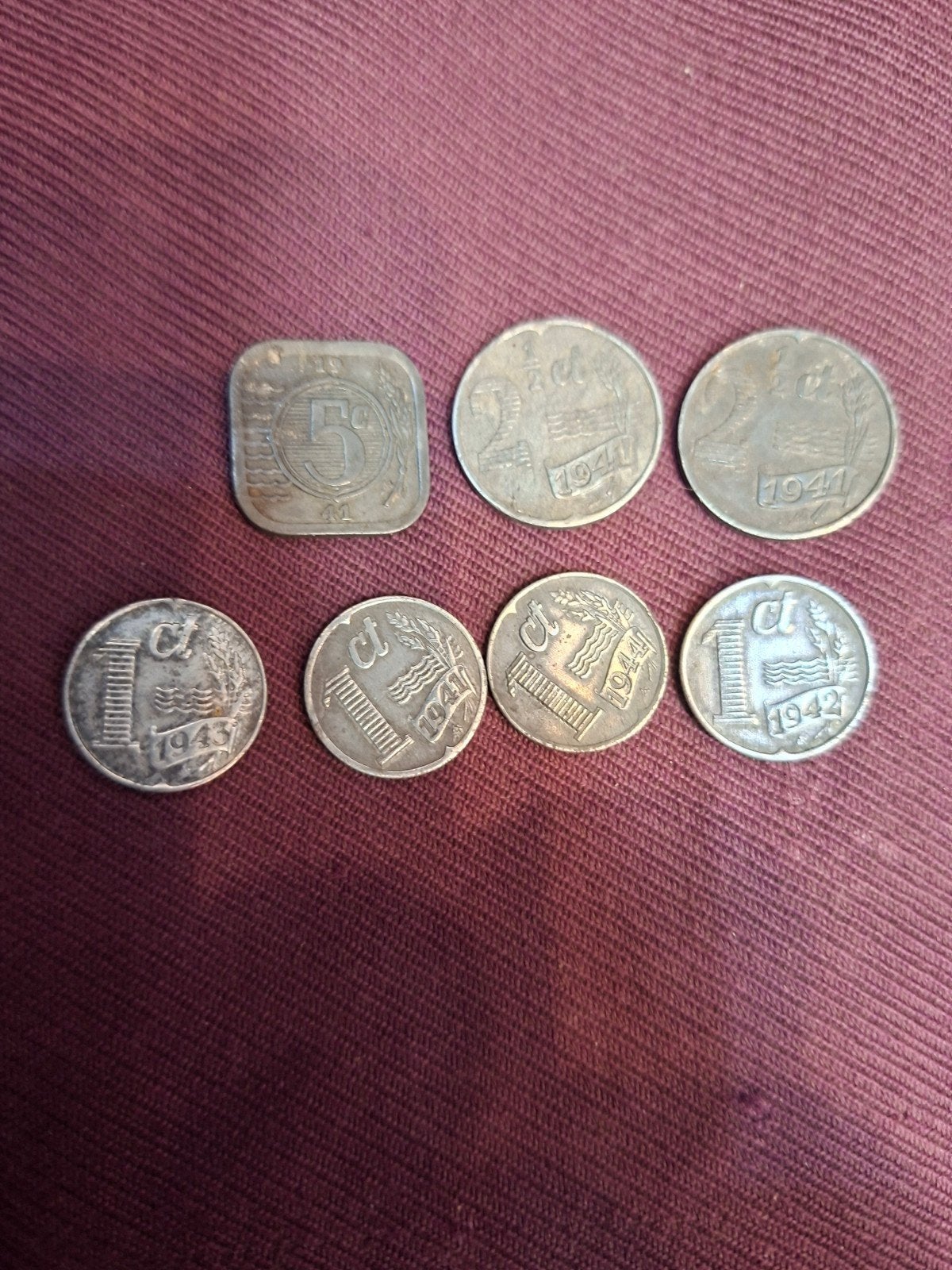 Lot van 7 zinken munten 1, 2,5 en 5 cent 1941-1943, Ophalen of Verzenden