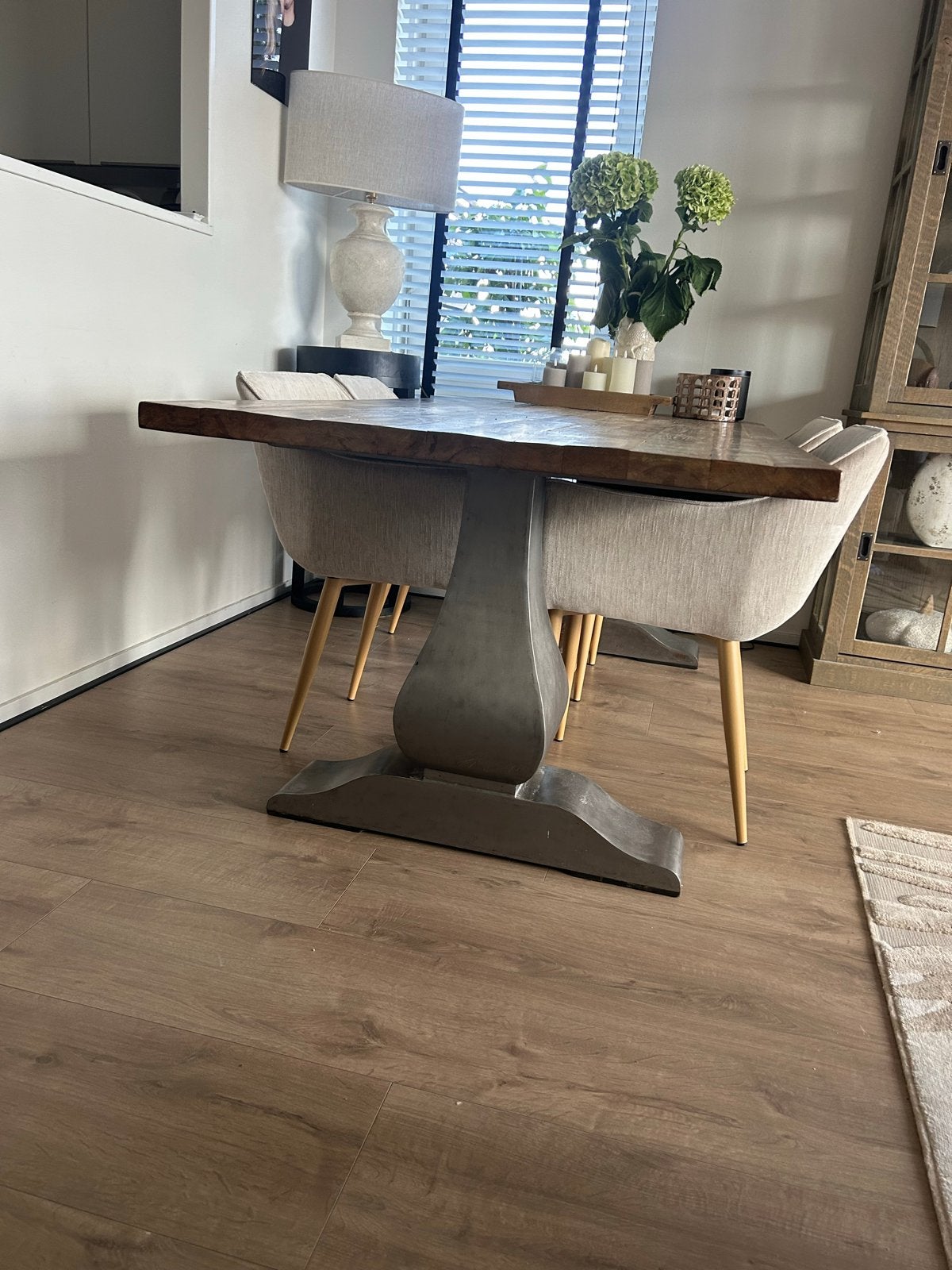 Robuuste tafel met teakhouten blad , bali,, Gebruikt, 100 tot 150 cm, Teakhout, Ophalen of Verzenden