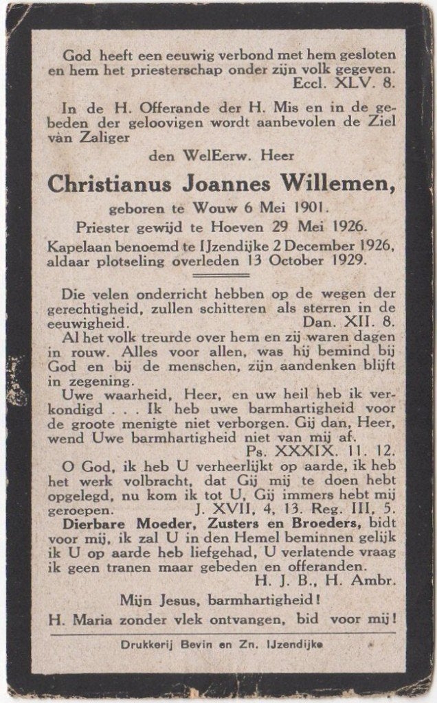 kapelaan Christianus J. Willemen 1901 Wouw + 1929 IJzendijke, Verzenden