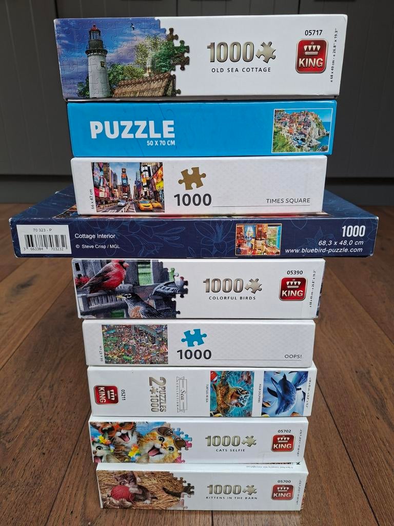9 puzzels van 1000 stukjes, Ophalen, 500 t/m 1500 stukjes, Zo goed als nieuw