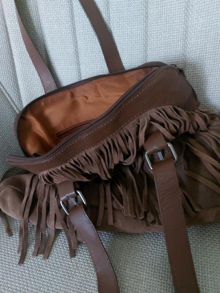Mooie bruine vintage tas met franje, Sieraden, Tassen en Uiterlijk, Tassen | Damestassen, Ophalen of Verzenden, Bruin, Handtas