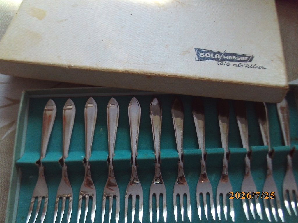 set 12 gebaksvorkjes G Sola Z Sola Massief als zilver i doos, Antiek en Kunst, Ophalen of Verzenden