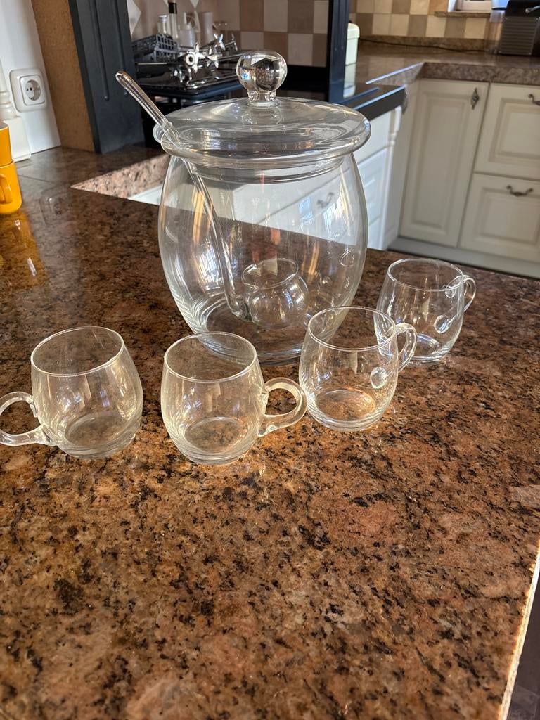 Glazen bowlset met 4 kopjes en lepel, Huis en Inrichting, Keuken | Servies, Ophalen, Zo goed als nieuw, Glas, Overige typen