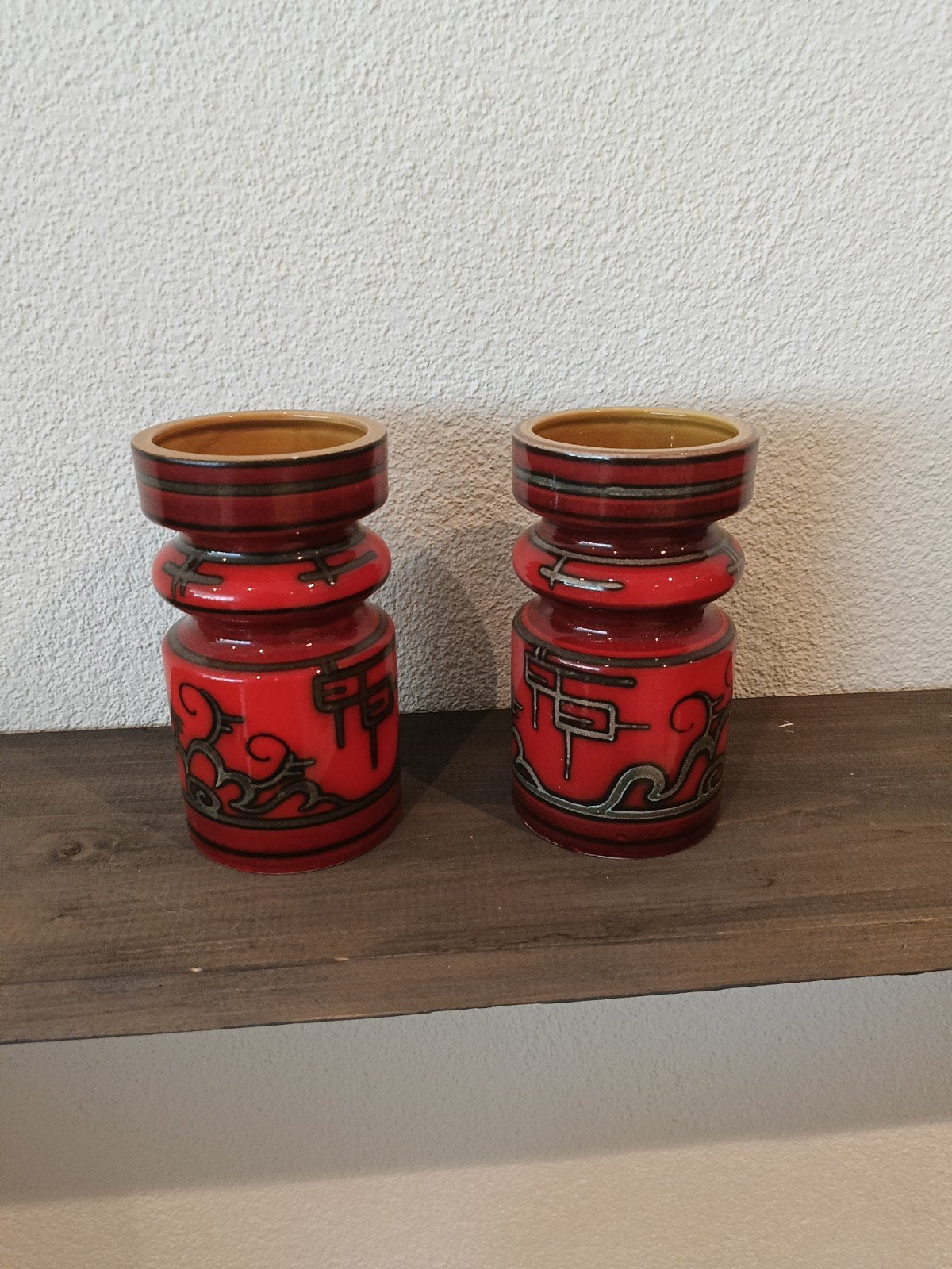 Set van 2 vintage Flora Gouda vazen, rood met decor, Ophalen